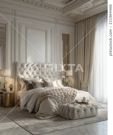 Stunning, neoclassical master bedroom interior in soft neutral tones. Features a lavish, tufted headboard, rich gold accents, decorative wall molding, luxurious marble flooring, creating an opulent Stunning, neoclassical master bedroom interior in soft neutral tones. Features a lavish, tufted headboard, rich gold accents, decorative wall molding, luxurious marble flooring, creating an opulent 131964466