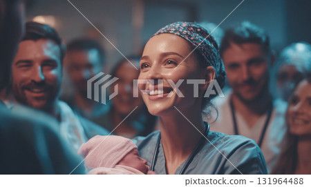 happy female medical professional in scrubs and a floral scrub cap is beaming while cradling a swaddled newborn in her arms, with her smiling colleagues forming a supportive, joyful background 131964488
