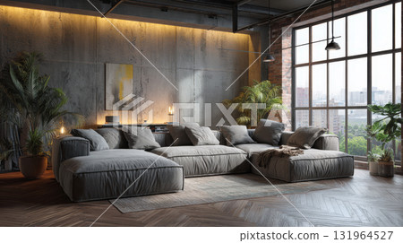 Luxurious industrial loft apartment living room with cozy modular sectional sofa, exposed concrete walls, and a large window overlooking the city skyline, illuminated by warm evening lighting 131964527