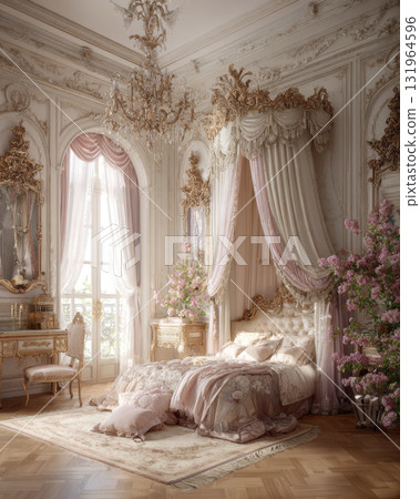 Stunning, opulent Rococo-style bedroom with canopy bed, blush pink and gold accents, and richly ornate carvings. The luxurious, palatial interior features a crystal chandelier and bright natural light Stunning, opulent Rococo-style bedroom with canopy bed, blush pink and gold accents, and richly ornate carvings. The luxurious, palatial interior features a crystal chandelier and bright natural light 131964596