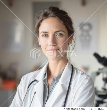 A headshot portrait of kind and confident female doctor wearing white lab coat and a stethoscope, standing in a medical setting. Her warm expression and professional attire convey trust and expertise A headshot portrait of kind and confident female doctor wearing white lab coat and a stethoscope, standing in a medical setting. Her warm expression and professional attire convey trust and expertise 131964662