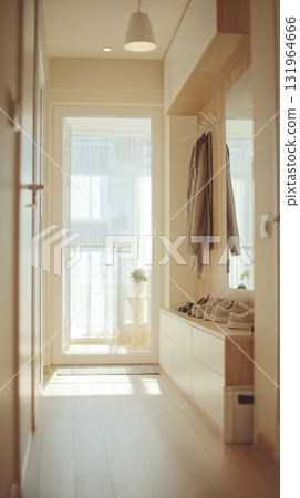 A clean, modern hallway and entryway, featuring light wood floors, built-in minimalist furniture. A large glass door at end fills the space with natural light, creating bright and welcoming atmosphere 131964666