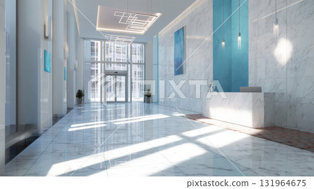 luxurious and modern hotel or office lobby. The space features polished marble floors and walls, a sleek reception desk, and large windows that fill the area with a bright, clean ambiance. 131964675