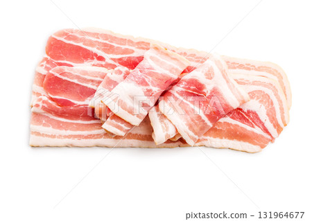 Slices of raw bacon isolated on white background. Slices of raw bacon isolated on white background. 131964677