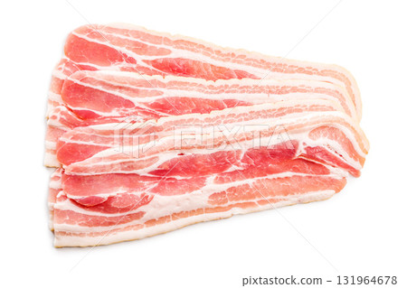 Slices of raw bacon isolated on white background. 131964678