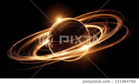 glowing sphere at its center, encircled by vibrant, flowing rings of light that create a dynamic and mesmerizing visual, suggesting themes of science, technology, and energy. 131964708