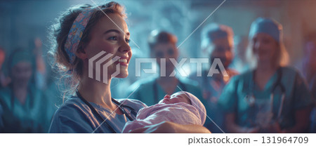 A tender, heartwarming moment shows a smiling female medical professional holding a newborn baby, surrounded by supportive medical team in a hospital setting, symbolizing hope, care, miracle of birth 131964709