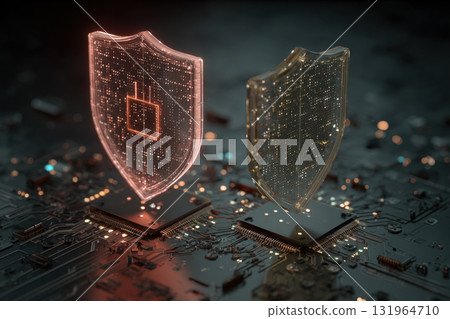 Two glowing, translucent shields float above a complex computer circuit board, representing robust digital security, data protection, and cybersecurity in a modern, technological context 131964710