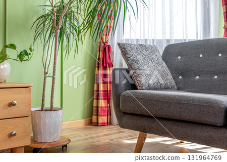 Modern living room corner featuring a grey couch Modern living room corner featuring a grey couch 131964769