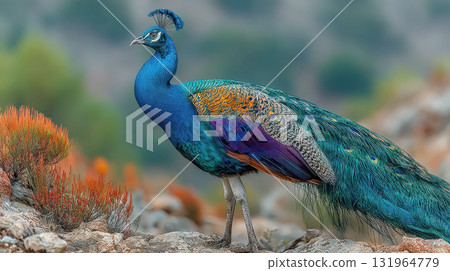 Indian peacock standing on a rocky outcrop. The image highlights the bird's vibrant iridescent blue body, colorful back feathers, and iconic feathered crest, capturing its elegance in natural setting. 131964779