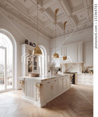 A breathtakingly luxurious kitchen with a baroque and classical-inspired design. Marble island with gold accents, set against intricate carved ceilings and elegant arched windows. 131964783