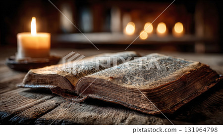 open book with aged pages rests on wooden table, its text illegible mysterious. Candle casts warm, soft light, highlighting rich textures and deep shadows. Themes of history, knowledge, spirituality 131964798