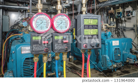 complex industrial system featuring multiple pressure gauges, digital monitors, and a network of pipes and wires. Themes of technical maintenance, engineering, and industrial processes. complex industrial system featuring multiple pressure gauges, digital monitors, and a network of pipes and wires. Themes of technical maintenance, engineering, and industrial processes. 131964800