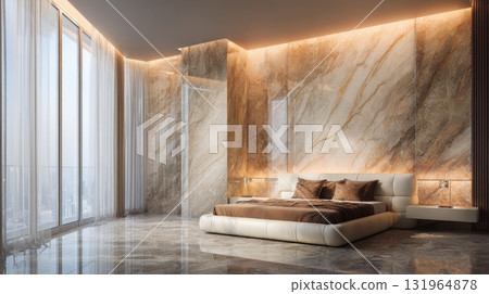 A stunning, contemporary bedroom with dramatic, backlit marble walls, a low-profile bed, large windows offering a panoramic city view. The refined aesthetic creates a sense of serene, high-end luxury. A stunning, contemporary bedroom with dramatic, backlit marble walls, a low-profile bed, large windows offering a panoramic city view. The refined aesthetic creates a sense of serene, high-end luxury. 131964878