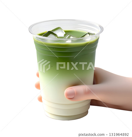 Hand holding refreshing matcha iced drink, 3d render of trendy green tea beverage isolated on transparent background 131964892