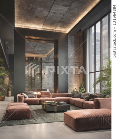 loft living room with industrial aesthetic. The space features exposed concrete walls and ceiling, a large plush sofa. Luxurious textures, creating comfortable urban environment. 131964894