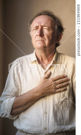 A senior man stands with his hand placed firmly over his heart, his eyes closed, conveying sense of deep respect, sincerity, and emotional devotion. Moment of solemn patriotism and personal reflection 131964909