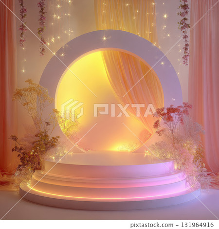 A whimsical, glowing podium for product display or creative presentations. Circular arch with warm light, pastel pink and yellow curtains, and delicate, sparkling lights creating a dreamy atmosphere 131964916