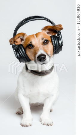 A cute and humorous portrait of a jack russell terrier wearing large set of headphones. The dog looks directly at the camera with an expressive and curious gaze, creating fun, quirky, adorable image. A cute and humorous portrait of a jack russell terrier wearing large set of headphones. The dog looks directly at the camera with an expressive and curious gaze, creating fun, quirky, adorable image. 131964930