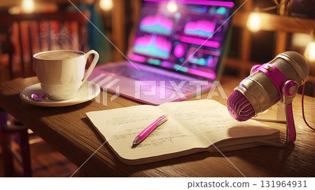 Podcaster's workspace. A pink microphone and a steaming mug of coffee sit next to an open notebook and a laptop displaying sound editing software, representing audio creation and media production Podcaster's workspace. A pink microphone and a steaming mug of coffee sit next to an open notebook and a laptop displaying sound editing software, representing audio creation and media production 131964931