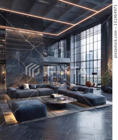 An ultra-modern, upscale living room with industrial elements. The space features a dark color palette, a dramatic black marble accent wall, and ambient neon lighting, creating a futuristic feel 131964971
