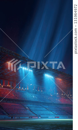 A modern sports stadium at night, with the stands partially lit in blue and red. Powerful spotlights beam down onto the empty field, creating a dramatic and atmospheric scene before a match begins 131964972