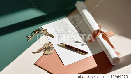 A flat lay shot showing the key elements of a new home purchase: a set of house keys, a rolled-up blueprint tied with a ribbon, and a fountain pen, all set on a multi-colored background 131964973