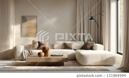 A peaceful and inviting minimalist living room featuring a comfortable white sectional sofa, a low wooden coffee table with decorative vases, and large windows with sheer A peaceful and inviting minimalist living room featuring a comfortable white sectional sofa, a low wooden coffee table with decorative vases, and large windows with sheer 131964994