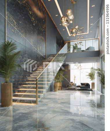 A luxurious and elegant interior space, possibly a hotel lobby, penthouse, or high-end apartment. The room features a grand marble staircase with a glass banister and gold accents 131964996