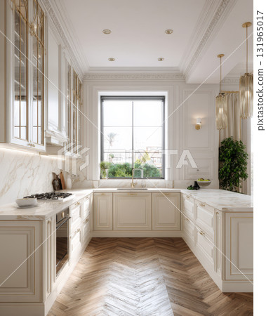 Elegant kitchen interior with a neo-classical design, featuring a harmonious blend of creamy cabinetry, striking white marble countertops with gold veins, and a classic herringbone wood floor 131965017