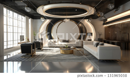An opulent, modern residential or commercial interior featuring abstract, layered circles on the back wall, sleek furniture, and a polished floor, ideal for luxury real estate and design projects An opulent, modern residential or commercial interior featuring abstract, layered circles on the back wall, sleek furniture, and a polished floor, ideal for luxury real estate and design projects 131965038