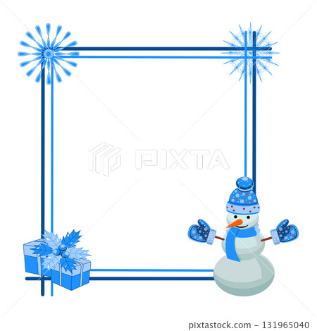 Holiday frame with snowflakes, snowman, gifts, and decorations vector illustration 131965040
