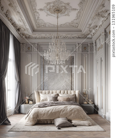 Stunning 3D render of an exclusive, classic-style bedroom. Features a magnificent crystal chandelier, intricate ceiling moldings, wainscoting, and a plush bed, creating a rich, serene atmosphere. 131965109