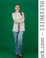 Set of photos of young European woman in light blazer and blue jeans showing various emotions gestures and expressions on green chroma key background with copy space for advertising and social media 131965150