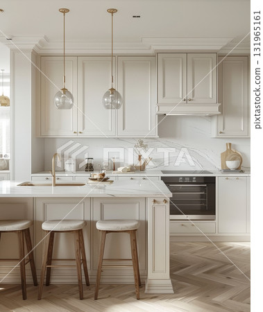 Elegant and Bright Neoclassical Kitchen Interior Design Featuring Cream-Colored Shaker Style Cabinetry, White Marble Countertops and Backsplash, and a Central Island with Gold Hardware 131965161