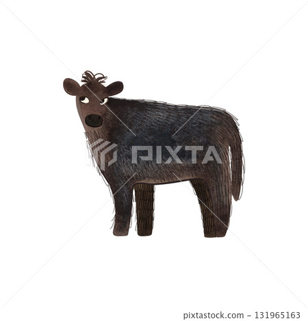 The Dexter is an Irish breed of small cattle. Cow or Bull. Character for packaging, children's book and encyclopedia. Isolated watercolor illustration in retro style. Clipart. 131965163