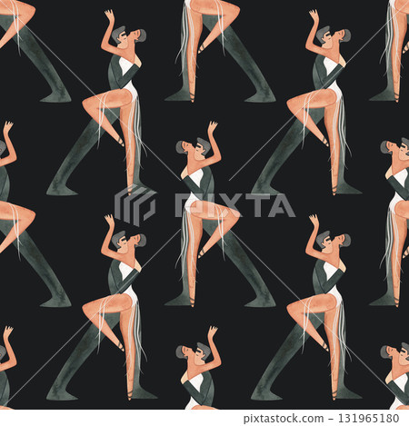 Dancing as a hobby for adults. ProAm in a dance studio. Seamless watercolor pattern for textile and fabric design for training dresses, bodysuits and suits. Merch for a dance studio. Dancing as a hobby for adults. ProAm in a dance studio. Seamless watercolor pattern for textile and fabric design for training dresses, bodysuits and suits. Merch for a dance studio. 131965180