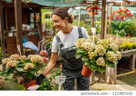 A Woman is Diligently and Passionately Caring for Beautiful Flowers at a Vibrant Garden Center A Woman is Diligently and Passionately Caring for Beautiful Flowers at a Vibrant Garden Center 131965192