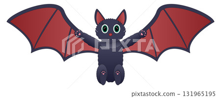 A cute bat with large red wings, flying against a white background. Perfect for Halloween themed projects, spooky decorations, and illustrations related to the eerie season. 131965195