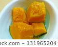A photo of a small bowl of boiled pumpkin, a delicious and sweet autumn vegetable dish 131965204