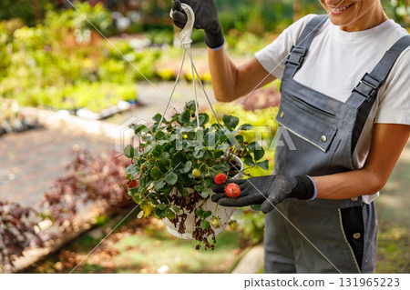 A Gardener Skillfully Holding a Hanging Basket Filled with Beautiful Growing Plants and Ripe Fruits A Gardener Skillfully Holding a Hanging Basket Filled with Beautiful Growing Plants and Ripe Fruits 131965223