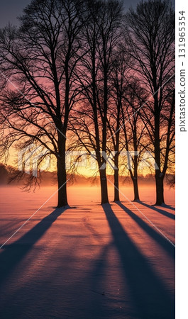 Bare tree silhouettes stand tall against a vibrant sunset sky casting long, dramatic shadows across a tranquil, snow-covered landscape with soft atmospheric mist. Bare tree silhouettes stand tall against a vibrant sunset sky casting long, dramatic shadows across a tranquil, snow-covered landscape with soft atmospheric mist. 131965354