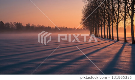 A serene winter landscape features a long line of bare trees casting dramatic shadows across a snow-covered field under a warm, misty sunrise sky. A serene winter landscape features a long line of bare trees casting dramatic shadows across a snow-covered field under a warm, misty sunrise sky. 131965355