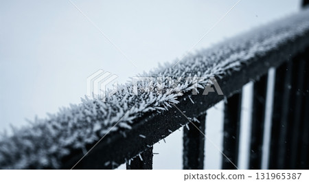 Sharp white frost crystals intricately cover a dark metal railing, creating a textured pattern against a softly blurred, bright winter sky. 131965387