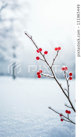 A delicate branch adorned with vibrant red berries is encased in glistening ice, standing prominently against a soft, sparkling white snow background on a bright winter day. A delicate branch adorned with vibrant red berries is encased in glistening ice, standing prominently against a soft, sparkling white snow background on a bright winter day. 131965449
