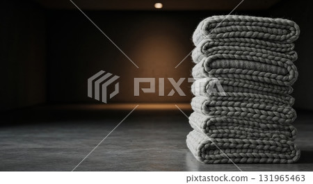 A tall stack of neatly folded, thick grey knitted blankets with a chunky texture is placed on a dark concrete floor in a minimalist room with warm spotlighting. A tall stack of neatly folded, thick grey knitted blankets with a chunky texture is placed on a dark concrete floor in a minimalist room with warm spotlighting. 131965463