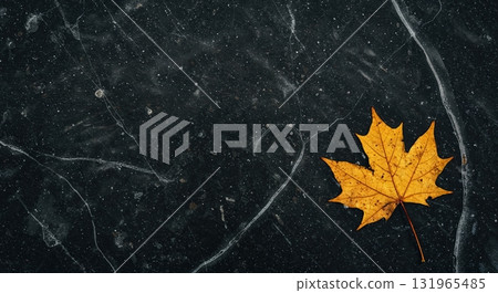 A vibrant yellow maple leaf rests on a dark, cracked ice surface, showcasing the stark contrast between autumn's warmth and winter's chill with ample copy space. 131965485