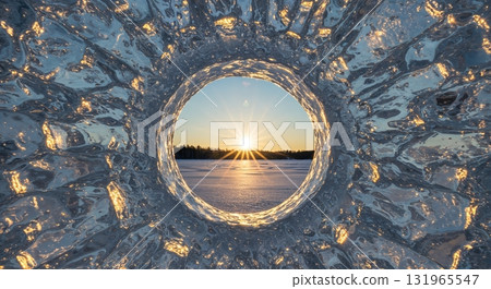 A vibrant winter sunset shines through a circular opening in a textured, glistening ice formation, illuminating a frozen landscape with golden light and a clear sky. A vibrant winter sunset shines through a circular opening in a textured, glistening ice formation, illuminating a frozen landscape with golden light and a clear sky. 131965547