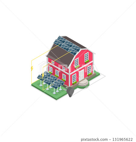 3D Isometric Flat Vector Illustration of Energy-plus Houses, Showcasing Innovative Private Construction Technologies. Item 2 3D Isometric Flat Vector Illustration of Energy-plus Houses, Showcasing Innovative Private Construction Technologies. Item 2 131965622