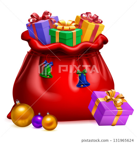 Red Santa sack with colorful gifts and ornaments. Red Santa sack with colorful gifts and ornaments. 131965624